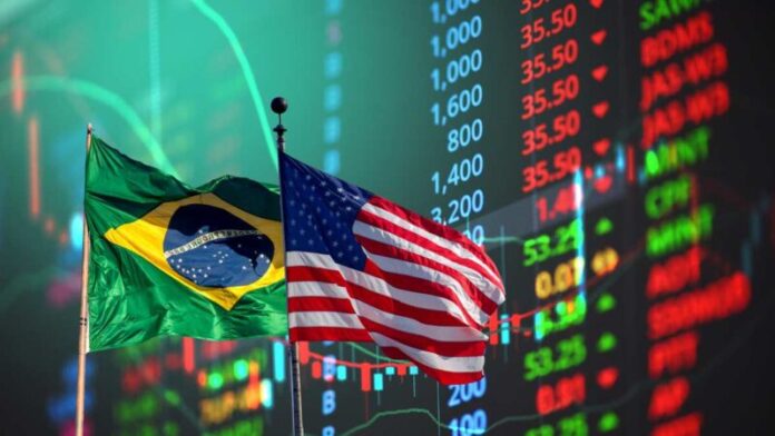 bandeira EUA e BRasil Economia bolsa de valores Imagem- Montagem Seu Dinheiro : Canva Pro