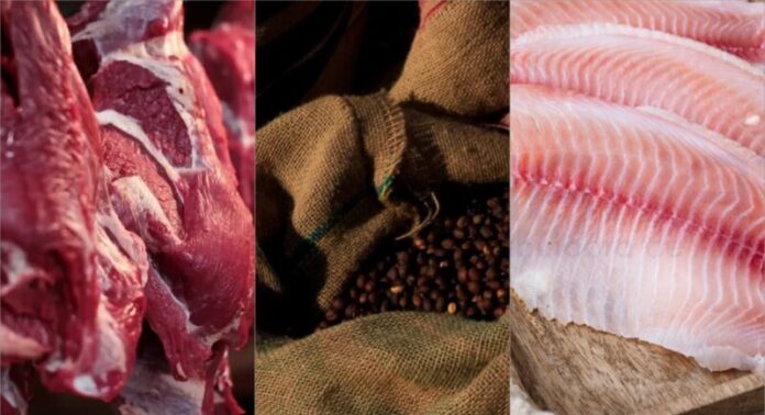 carne, café, tilápia